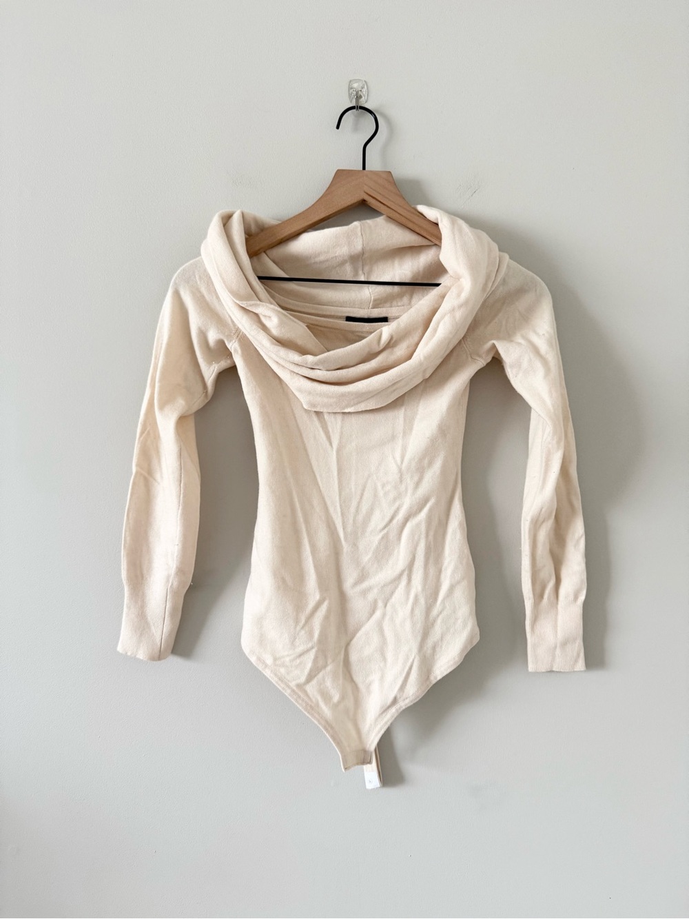 Express Cozy Knit Cowl Neck Sweater Bodysuit in Cream Size XS